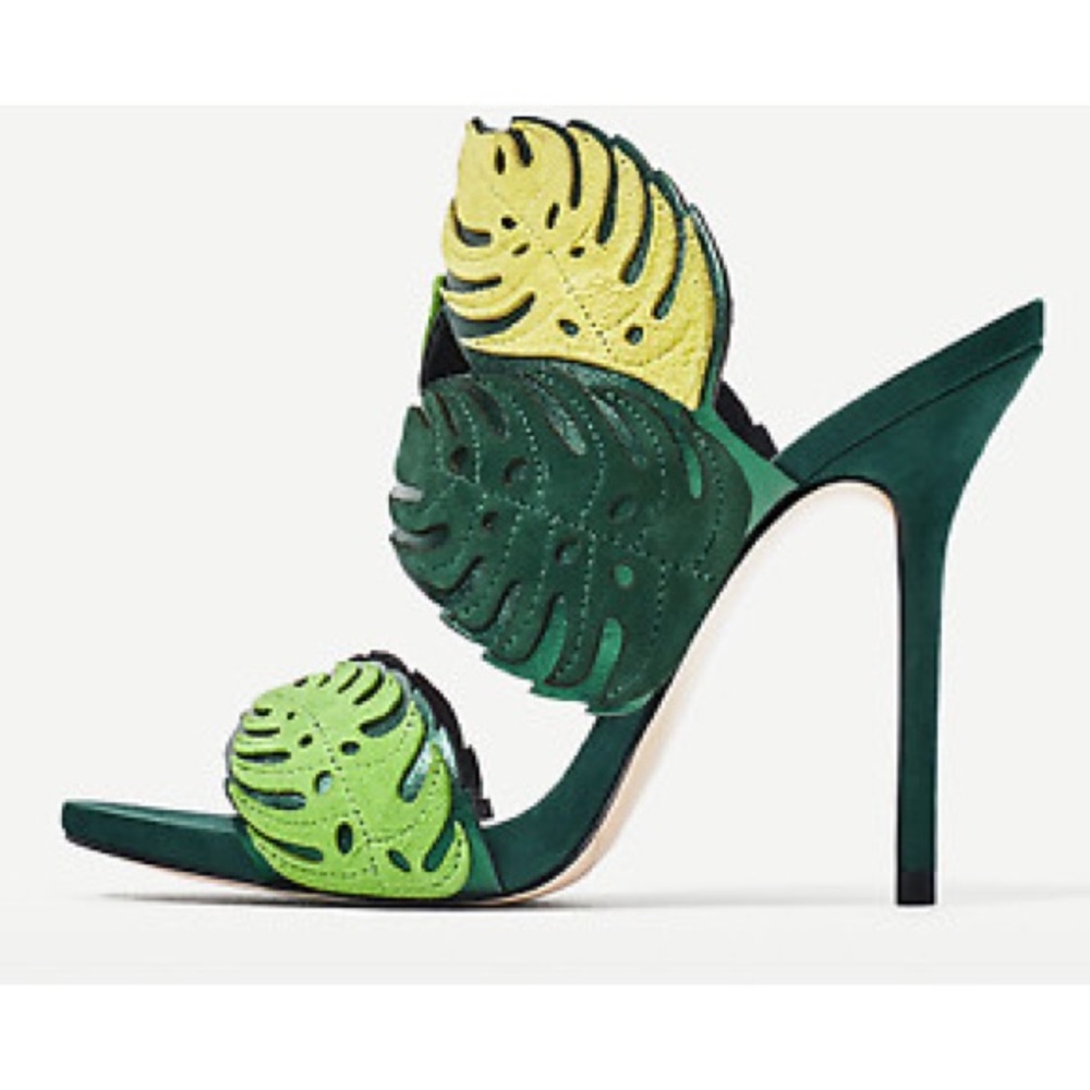 NWT ZARA GREEN LEATHER WRAP LEAF HEELED SANDALS